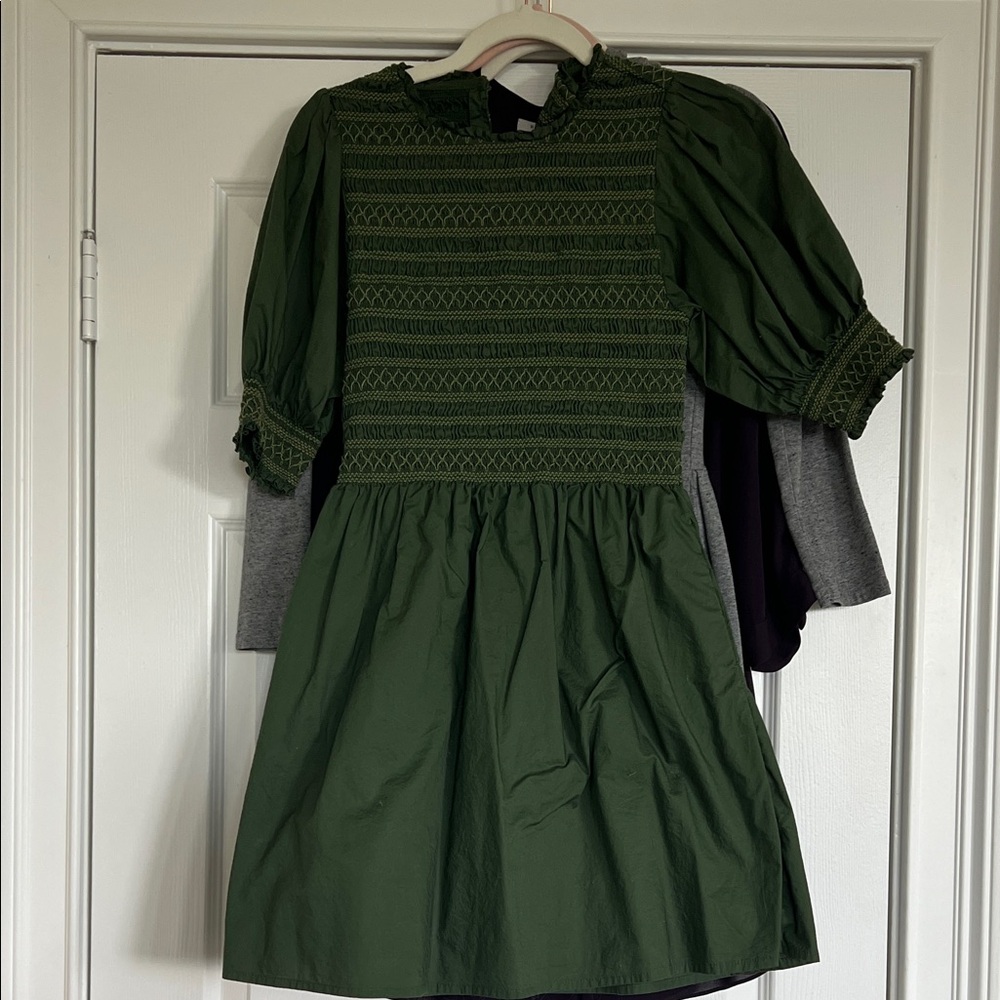 Hill House Forest Green Smocked Puff-Sleeve Dress
